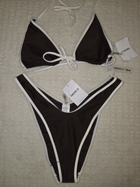 NWT Forever 21 Brown and White Contrast Triangle Bikini Suit Top XL Bottom L